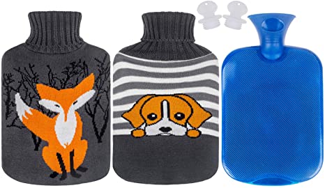 Attmu Classic Rubber Hot Water Bottle 2 Liter with 2 Pack Knit Covers and 1 Bottle Stopper, Red (C-Blue)