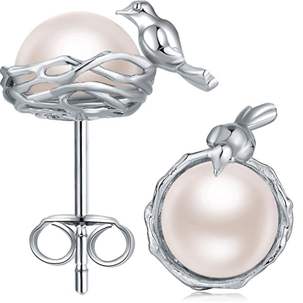 Cute 925 Sterling Silver Animal Pearl Stud Earrings for Girls (Freshwater Shell Pearl Earrings 7-8mm) - jiamiaoi