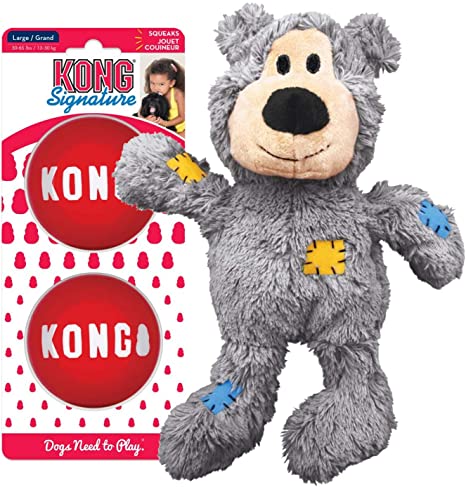 KONG - Wild Knots Bear and Signature Balls (2 Pack) - Rope Plush Toy and Squeak Balls - for Small Dogs