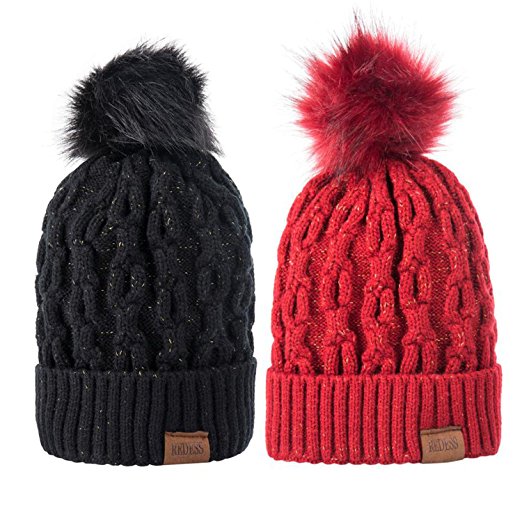 Women Winter Pom Pom Beanie Hat with Warm Fleece Lined, Thick Slouchy Snow Knie Skull Ski Cap for womens 2 Pack