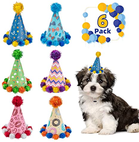 Dog Party Hat Pet Cap 6 Pack - Cute Puppy Cone Hats Party Accessories for Dogs & Cats, Perfect for Birthday, Holiday, Festival