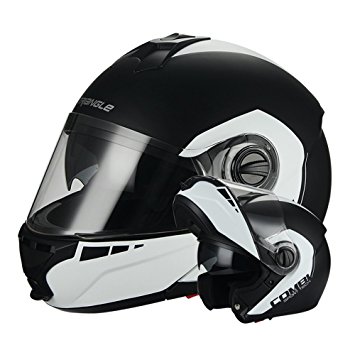 Matte Black/White Modular Dual Visor Flip Up High Performance Motorcycle Helmet by Triangle [ DOT ] (Small)
