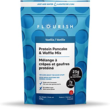 Flourish Vanilla Protein Pancake & Waffle Mix | Fortified with Flax Seed and Whey Protein Isolate | Non-GMO, No Added Sugar, Superfood | High Protein & Fibre | Just Add Water | 430g
