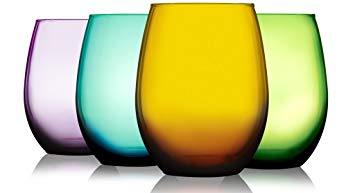 Attractive Set of Four (4) Unique Colored Stemless Wine Glasses 21 oz. - Party Drinking Glassware Set