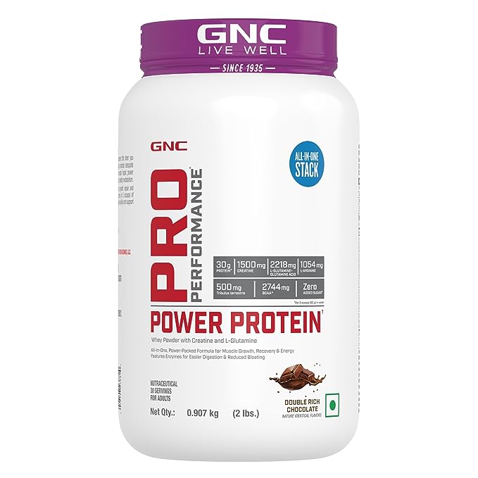 GNC Pro Performance Power Protein | 2 lbs | 30 Servings | Full Protein Stack | Increases Muscle Mass | Boosts Endurance | 30g Protein | 2.2g L-Glutamine | 1.5g Creatine | Double Rich Chocolate
