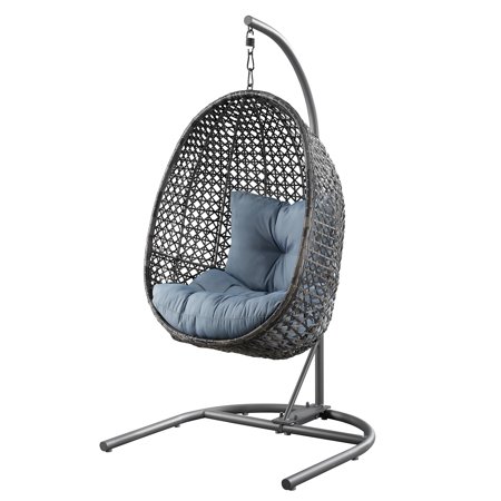 Better Homes & Gardens Lantis Patio Wicker Hanging Chair with Stand and Blue Cushion