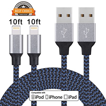 Wonshop iPhone 7 Charger, 2 Pack 10FT Lightning to USB Cable Nylon Braided Charging Cord for Apple, iPhone, iPod, iPad Compatible with iOS 10(Dark Blue)