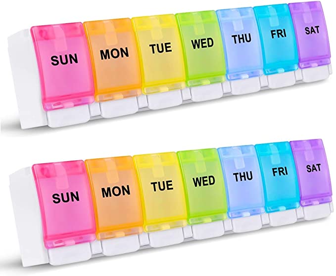 [2 Pack] Large 7 Day Pill Organizer one Time a Day or Twice a Day, Push Button Weekly Pill Box,AM PM Vitamin Pill Case, Rainbow Pill Container