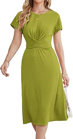 GRACE KARIN Women’s Tie Waist Summer Casual Midi Dress Short Sleeve Crew Neck Ribbed Knit Dress