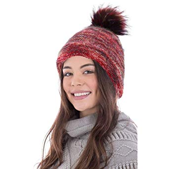 Arctic Paw Heathered Multicolor Knit Beanie with Faux Fur Pompom
