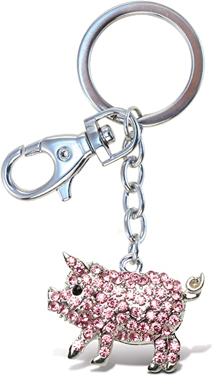 Aqua79 Pink Pig Keychain - Silver 3D Sparkling Charm Rhinestones Fashionable Stylish Metal Alloy Durable Key Ring Bling Crystal Jewelry Accessory With Clasp For Keychain Bag, Purse, Backpack, Handbag