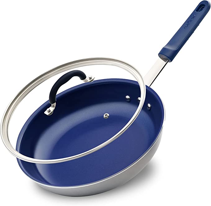 12" Fry Pan With Lid - Large Skillet Nonstick Frying Pan with Silicone Handle, Ceramic Coating, Blue Silicone Handle, Stain-Resistant, Easy To Clean, Professional Home Cookware