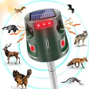 Animal Deterrent Devices,Solar Powered Animal Repellent Outdoor, 360° Ultrasonic Pest Repeller with LED flashing light,Solar Animal Repeller for Deer Skunk Squirrel Raccoon Bird Chicken,18kHZ