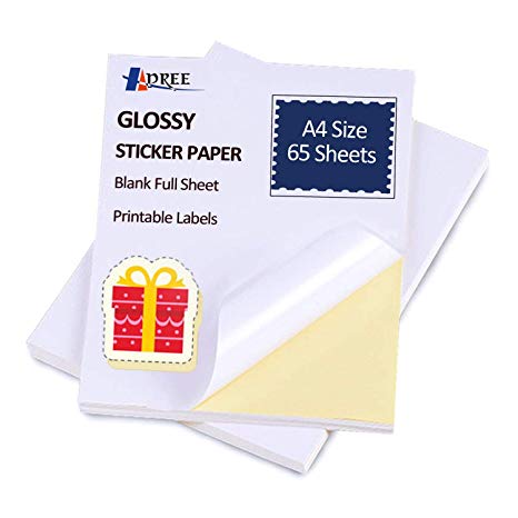 65 Sheets Glossy Sticker Paper, A4 Self Adhesive Sticker Label Paper for Laser and Inkjet Printers by Hapree