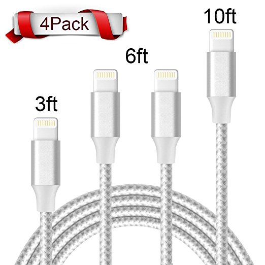 Lightning Cable,AOFU Charger Cables 4Pack 3FT 6FT 6FT 10FT to USB Syncing and Charging Cable Data Nylon Braided Cord Charger for iPhone 7/7 Plus/6/6 Plus/6s/6s Plus/5/5s/5c/SE and more (Silver&White)