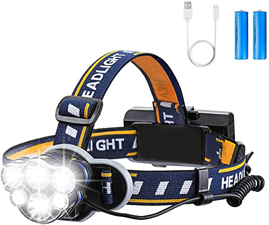 OUTERDO Rechargeable Head Torch,LED Headlamps Super bright Head Light (12000 LM) 8 Modes USB Cable and 2xBatteries Long Range 90° Rotating & Zoomable Helmet Light for Camping,Running,Hiking,Fishing