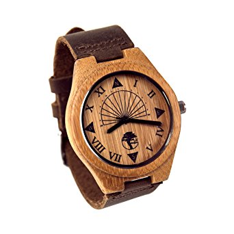 Men's Wood Watch Unique Sundial Design, Natural Bamboo Genuine Leather and Gift Box By Viable Harvest
