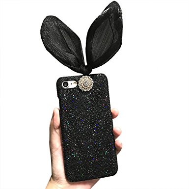 Vandot iPhone 6 6S Plus Case Personality Slim Cute Lace Rabbit Ear Design Bling Glitter Shining Sparkly Sliver Rivet Hard PC for iPhone 6 Plus 5.5 inch Cover Popular Fashionable Shock Absorption-Black