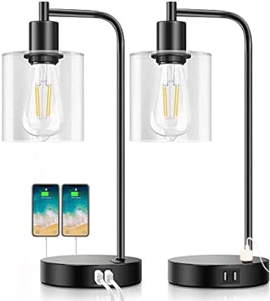 ZEEFO Touch Table Lamps, 3 Way Dimmable Bedside Desk Lamp Built-in Dual USB Charging Ports & 2-Prong AC Outlet, Glass Lampshade Nightstand Lamps Ideal for Bedroom, Living Room(Set of 2)