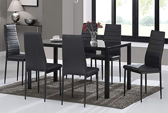 Warmiehomy Dining Table Chairs, Glass Dining Table Set and 6 Faux Leather Chairs Black (Dining Table with 6 Chairs)