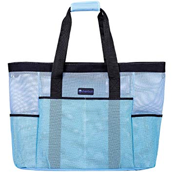 cherrboll XXL Mesh Beach Pool Bag Tote Lightweight with Zipper 8 Large Pockets Solid Base (Blue)