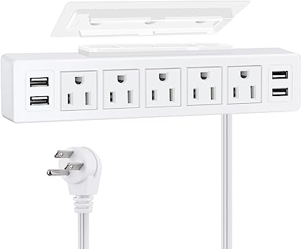 VILONG White 9.85FT Under Desk Power Strip, Adhesive Wall Mount Power Strip with USB,Removable Mount Multi-Outlets with 4 USB Ports, Power Socket Connect 5 Plugs for Home Office Reading