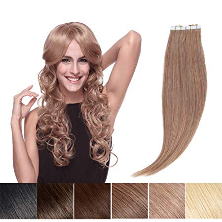 Tape in Human Hair Extension Strawberry Blonde 22’’ Long Straight Thick 100% Remy Seamless Skin Weft Hair Bonding Double Sided Tape 20Pcs/30g (#27) + 10pcs Free Tapes