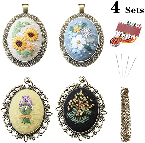 Embroidery Ornament 4 PCS Kit, Embroidered Pendants Floral Embroidery Necklace Earrings Hand Sewing Jewelry Creative Gifts for Art Crafts Sewing and Hanging (Set A)
