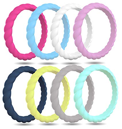 FluxActive Silicone Wedding Ring for Women (8 Band Pack) Thin Stackable Rubber Bands - Woven Pattern Rings