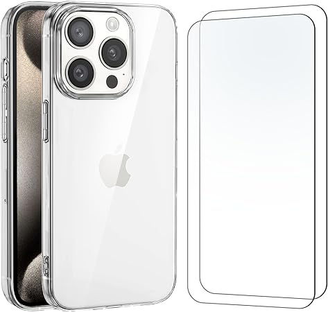 NEW'C Cover per iPhone 15 Pro Max (6,7") Gel TPU in silicone ultra trasparente e 2 × vetro temperato per iPhone 15 Pro Max (6,7"), Pellicola proteggi schermo