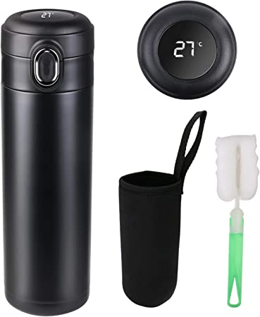 Flintronic Taza de Viaje, 450ml Termo Doble Pared De Aislamiento, Termo de Café, Versión Mejorada Frasco de Vacío de Acero Inoxidabl 316, Pantalla LED Táctil Inteligente con Temperatura, Negro