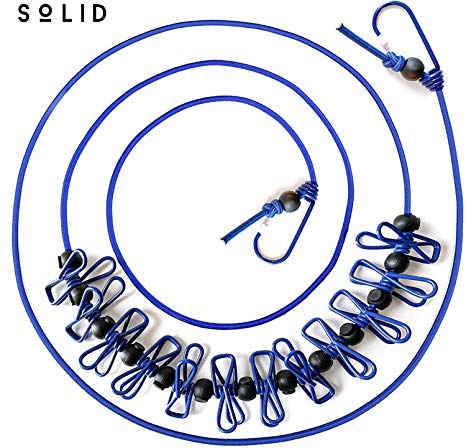 Solid (TM Portable Travel Clothesline for Home, Hotel & Camping, Indoor/Outdoor (Blue), 12 ft Elastic line, 2 Adjustable End Hooks, 12 Clothespin, 15 Movable Locking Beads, Travel Pouch Included