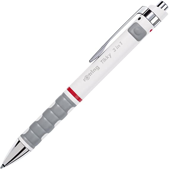 rOtring 1904451 Tikky 3-in-1 Mechanical Pencil/Ballpoint Pen/Highlighting Pen, 0.5 mm, White Barrel, Black & Red Ink