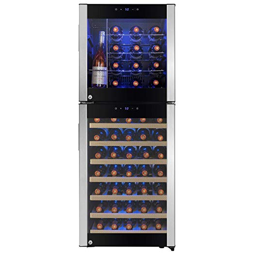 AKDY 50" 58-Bottle Touch Panel Dual Zone Chrome Wire Wood Shelves Freestanding Compressor Key Lock Black Silver Wine Cooler