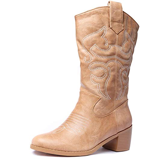 Odema Women's Western Cowboy Cowgirl Boots Stacked Heel Mid Shaft Boot with Pull On Tabs