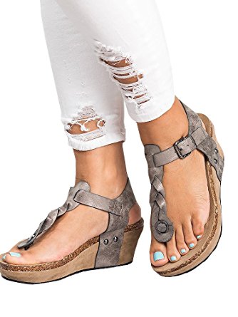 Pxmoda Women's Boho Braided Wedge Sandals Casual T-Strap Wedge Heel Sandal Shoes