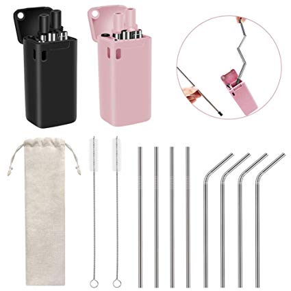 TAIKER 10-Pack Collapsible Straws Foldable Reusable Drinking Straws Stainless Steel Food Grade with Cleaning Brushes (Black & Pink)