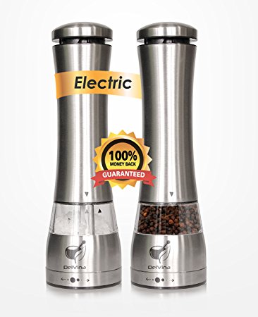 Premium Electric Salt and Pepper Grinder Set by Delvina Electric Salt & Pepper -Pack Of 2 Mills- LED Light, Battery Operated Stainless Steel Grinders