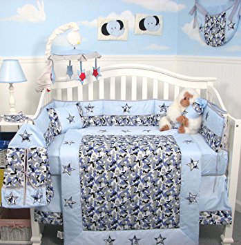 SoHo Modern Blue Camouflage Baby Crib Nursery Bedding Set 13 pcs included Diaper Bag with Changing Pad & Bottle Case
