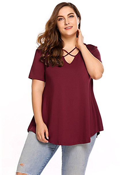 Kancytore Women Plus Size Tops Short Sleeve V Neck Criss Cross Solid Tee T Shirts