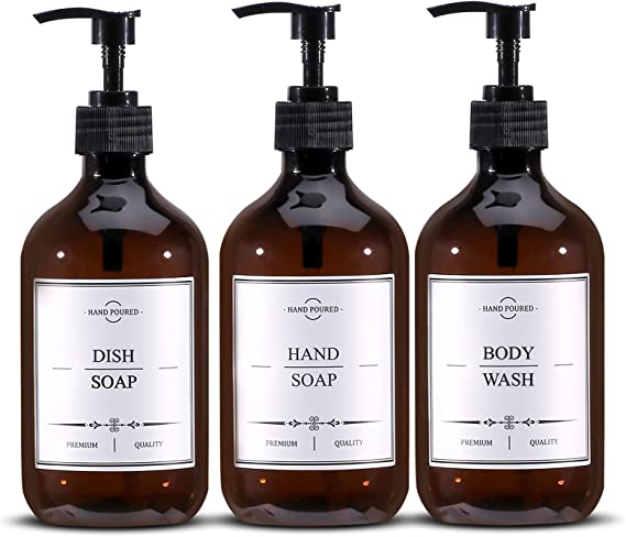 FLOWERTREE 16.9 Oz Amber Soap Dispenser, 3 Pack Hand Dish Soap Dispenser with Plastic Pump and 12 Soap Labels, Empty Refillable Soap Pump Dispenser for Bathroom and Kitchen Sink, Liquid Soap Bottles