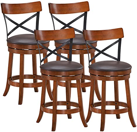 COSTWAY Bar Stool Set of 4, 360-Degree Swivel Solid Wood Stools with Soft Cushion & Backrest, 25”Height Kitchen Counter Bar Stools for Kitchen Island, Pub, and Restaurant (4, 25 inch)