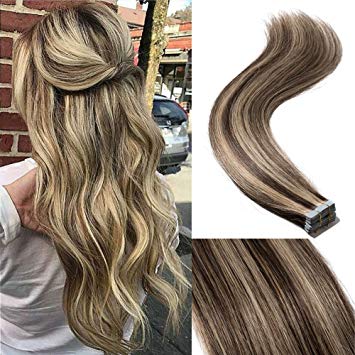 18" 40pcs 100g Remy Tape in Hair Extensions Human Hair 4P27 Balayage Straight Hair Seamless Skin Weft Invisible Double Sided Tape Two Tone Medium Brown Mix Dark Blonde