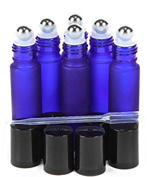 6, Frosted, Cobalt Blue, 10 ml Glass Roll-on Bottles with Stainless Steel Roller Balls - .5 ml Dropper Included