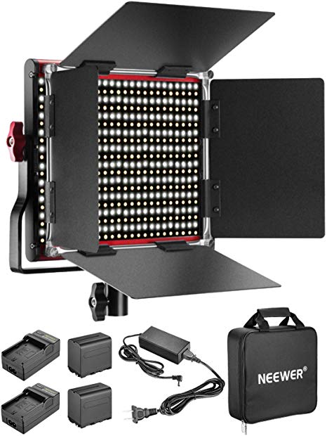 Neewer Dimmable Bi-Color 660 LED Video Light with Rechargeable 6600mAh Battery and Charger Lighting Kit: 3200-5600K CRI 96  with U Bracket Barndoor for Photo Studio YouTube Video Shooting(Red)