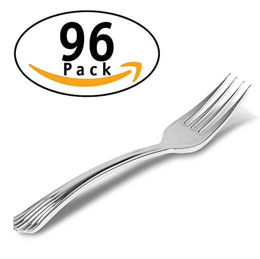 DecorRack 96 Silver Plastic Forks, Fancy Plastic Silverware Set - BPA FREE - Disposable Heavy Duty Plastic Forks with Stylish Silver Finish, Perfect for Catering Event, Party, Wedding (96 Pack)
