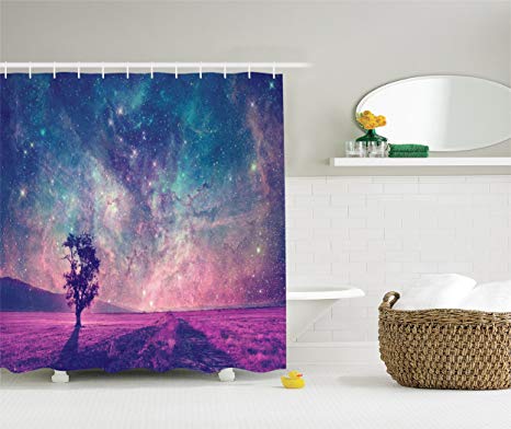 Ambesonne Galaxy and Lonely Tree Shower Curtain Set, NASA Furnished Elements Artwork Print, Bathroom Accessories, 69W X 70L Inches, Blue Purple