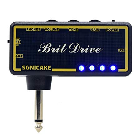 SONICAKE Amphonix Brit Drive Classic Crunch USB Chargable Headphone Pocket Guitar Amp w/h Built-in Effects and AUX input, USB Chargable Cable and 3.5mm Male to Dual 3.5mm Female Headset Spliter Includ