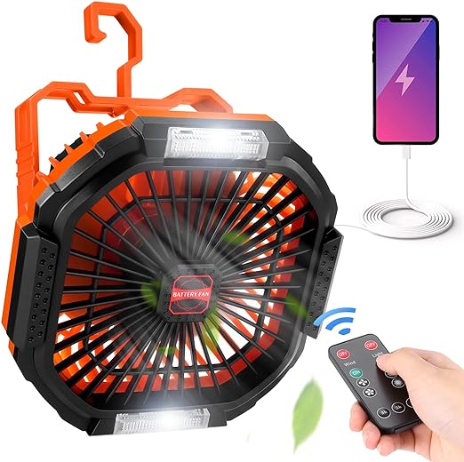 Odoland Portable Camping Fan with LED Light, 7800mAh Rechargeable Battery Operated Fan with Lantern, Hanging Hook & Remote for Tent RV Hurricane Outages Emergency