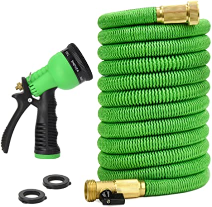 Glayko Tm 25 Feet Expandable Garden Hose - New 2020 - Super Strong Construction Water Hose - 3/4" Solid Brass Fittings   8 Function Spray Nozzle - Leakproof Flexible Lightweight Expanding Hose